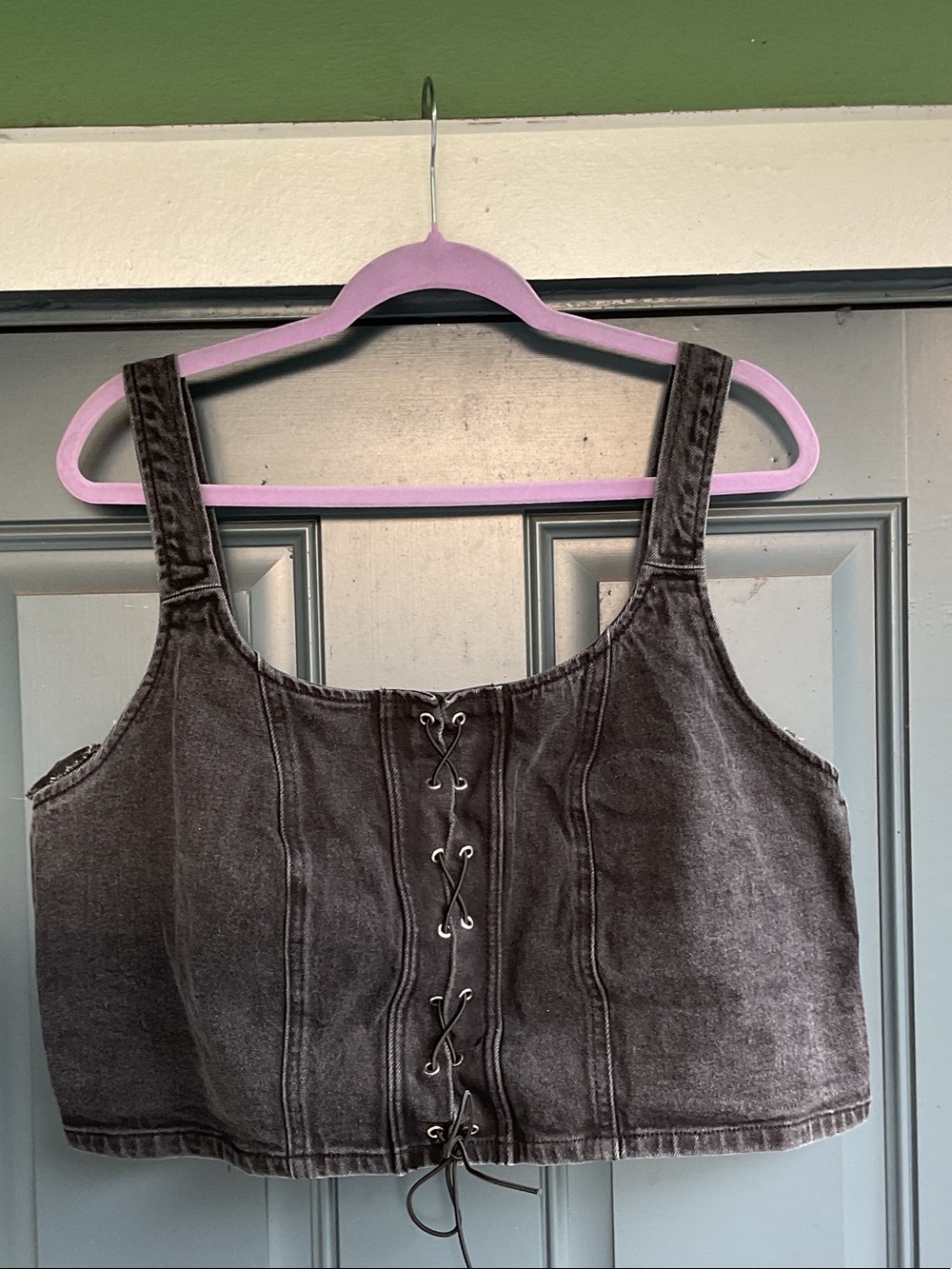 Lace-Front Washed Black Denim Tank Top, Size L